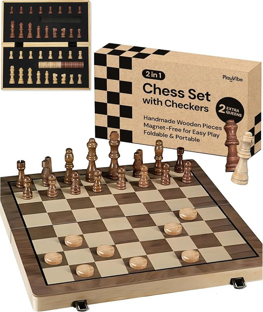 PlayVibe Wooden Chess Set 15'' & Checkers Board Games by PLAYVIBE