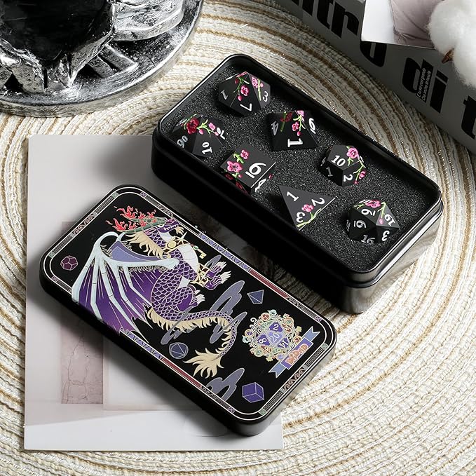 Metal Dice Set D&D, DNDND 7 PCS Flower Metallic DND Dice Set - Image 3