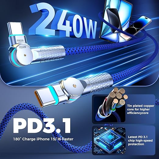 USB C to USB C Cable 6.6ft, 240W 2-Pack Braided 180°Rotating Type C Charging - Image 2