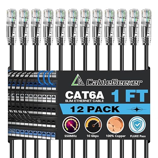 CableGeeker Patch Cables Cat6a 1ft Slim, Cat6 Ethernet Patch Cable 10G Support by CableGeeker