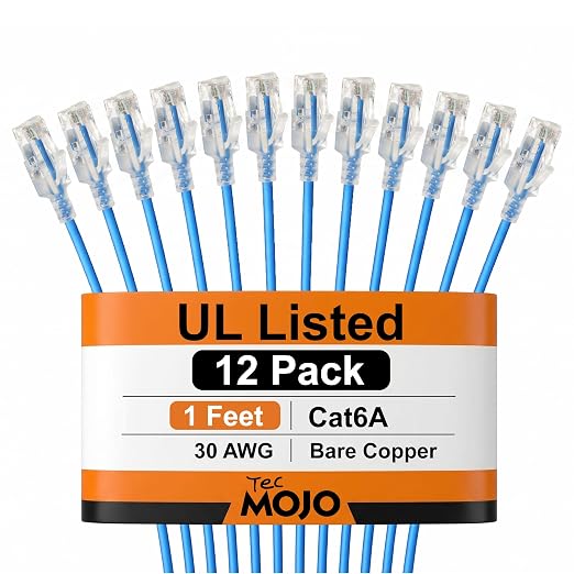 Tecmojo UL Listed Ultra-Slim Cat6a 1ft Ethernet Patch Cable, 30AWG 100% Pure by Tecmojo