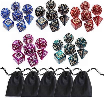 Polyhedral DND Dice Set, 5 Pack Vintage Dragon-Patterned Dice Sets Compatible by CREEBUY