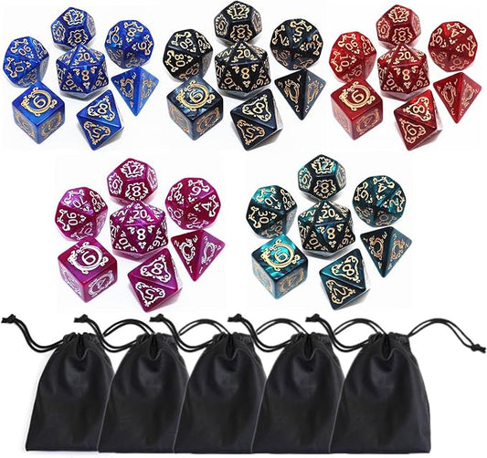 Polyhedral DND Dice Set, 5 Pack Vintage Dragon-Patterned Dice Sets Compatible by CREEBUY