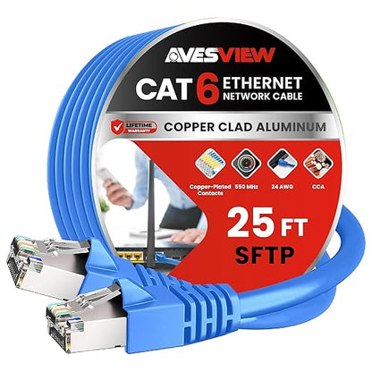 CAT 6 Shielded Ethernet Cable 25FT, Indoor High-Speed 10Gbps Snagless Shielded by AvesView