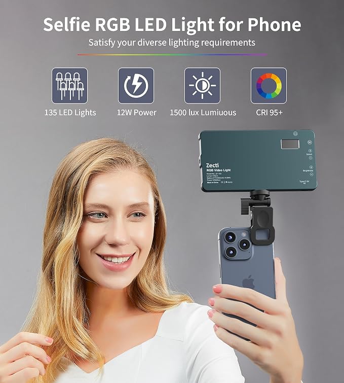 Selfie Camera Phone Light with Metal Hotshoe & Clip, CRI 96+ 2500K-9900K - Image 6