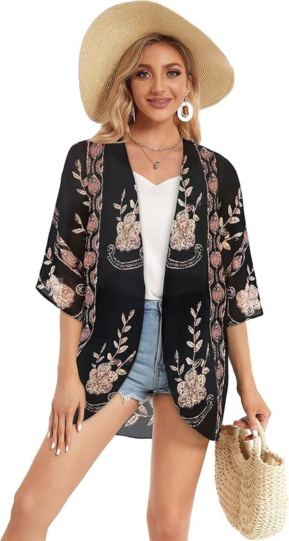 Women's Floral Print Puff Sleeve Kimono Cardigan Loose Cover Up Casual Blouse - Image 5