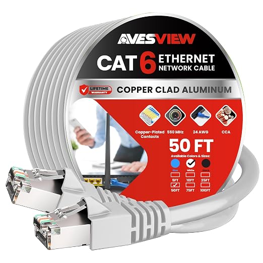 Shielded CAT 6 Ethernet Cable 50 FT, Indoor High-Speed 10Gbps Snagless Shielded by AvesView