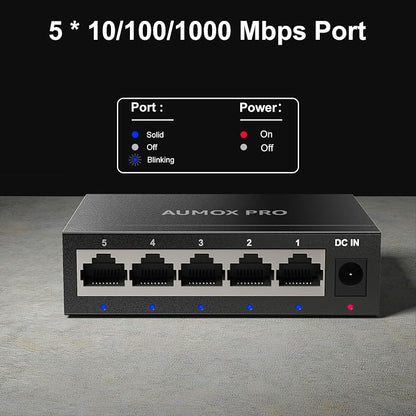 5 Port Gigabit Unmanaged Ethernet Switch, AUMOX PRO Home Network Hub, Office - Image 2