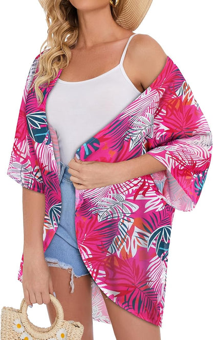 Women's Floral Print Puff Sleeve Kimono Cardigan Loose Cover Up Casual Blouse - Image 4
