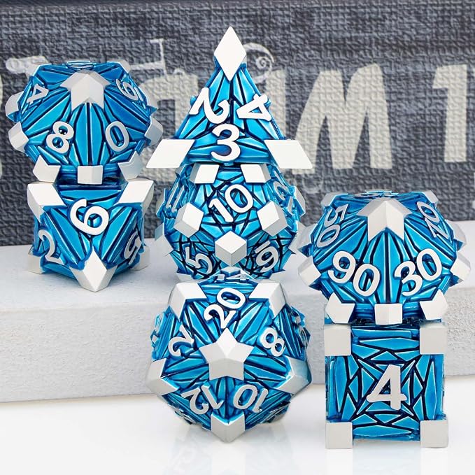 7PCS Metal DND Dice Set with Box, Debris RPG Blue D and D Dice - Image 5