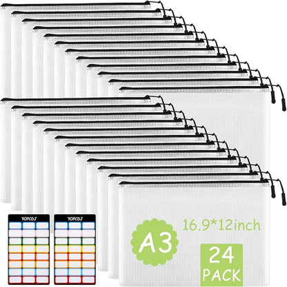24pcs Mesh Zipper Pouches, A3 Size Waterproof Black Zipper Bags, by YOPCDJ