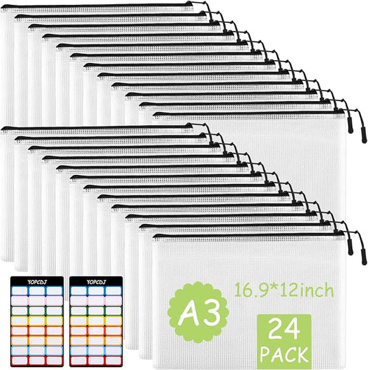 24pcs Mesh Zipper Pouches, A3 Size Waterproof Black Zipper Bags, by YOPCDJ