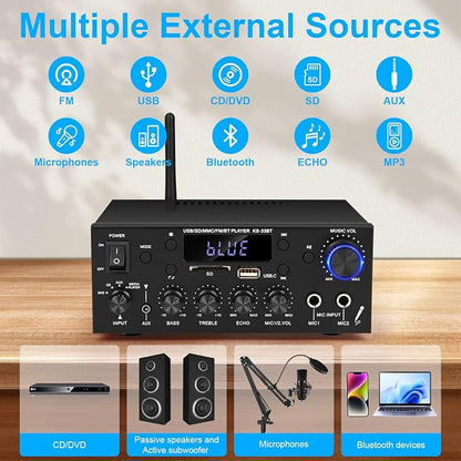 Romica Stereo Audio Amplifier, 2 Channel 500W Bluetooth 5.0 Home Theater Power - Image 2