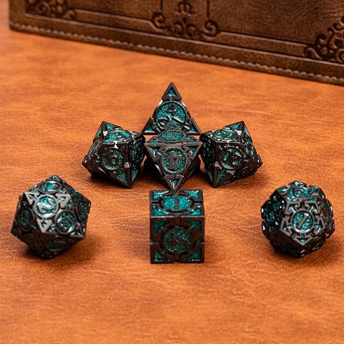Green Black Nickel Finish Heavy Metal DND Dice Set - Image 7