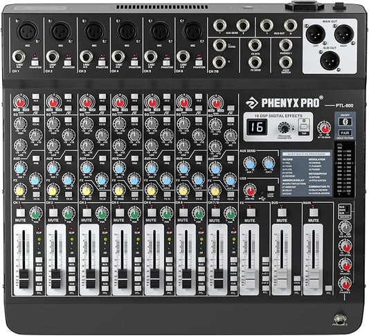 Professional 8-Channel Audio Mixer, Phenyx Pro DJ Sound Mixer Board w/Flexible by PhenyxPro