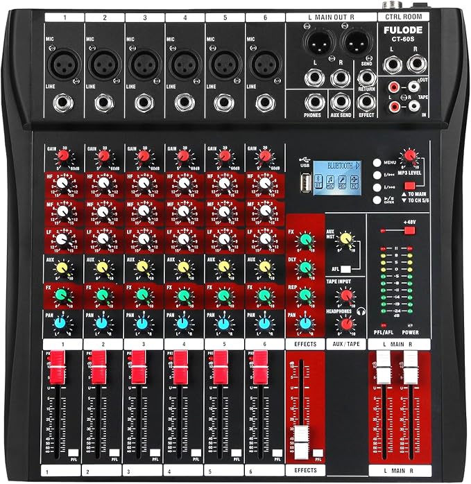 6 Channel Audio Mixer, Professional Music Mixer Board DJ Mixing Console by FULODE