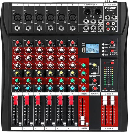6 Channel Audio Mixer, Professional Music Mixer Board DJ Mixing Console by FULODE