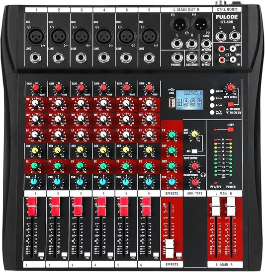 6 Channel Audio Mixer, Professional Music Mixer Board DJ Mixing Console by FULODE