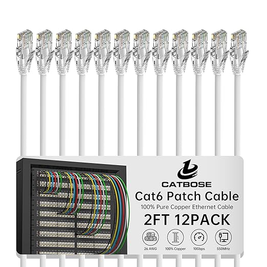 2 Feet Cat6 Patch Cables, Solid Pure Copper Patch Cord, Cat 6 Ethernet Cable by CatBose