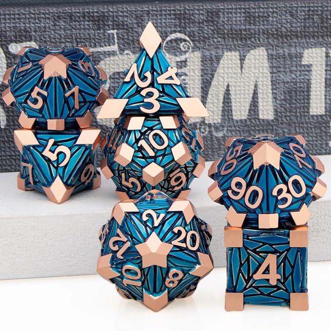 7PCS Metal DND Dice Set with Box, Debris RPG Copper Blue D and D Dice - Image 5