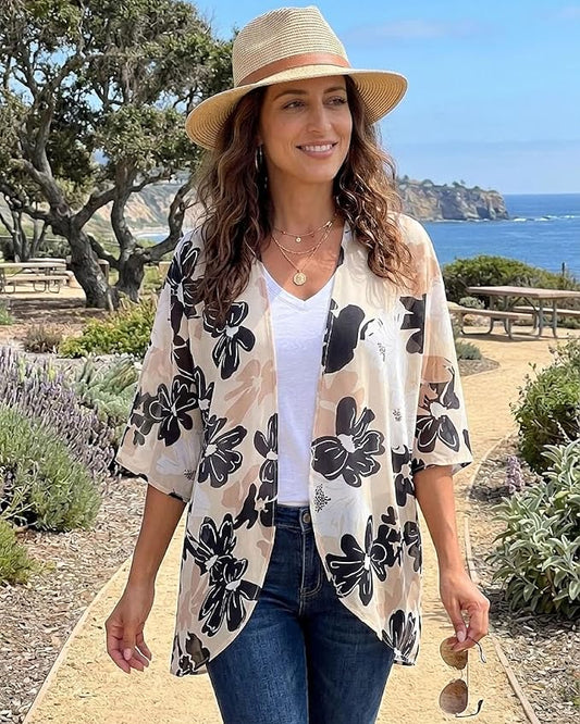 Women's Floral Print Puff Sleeve Kimono Cardigan Loose Cover Up Casual Blouse - Image 2