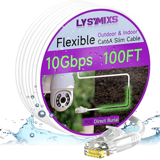 Cat6a Slim Ethernet Patch Cable 100ft Indoor & Outdoor, Flexible 10G Cat6 by Lysymixs