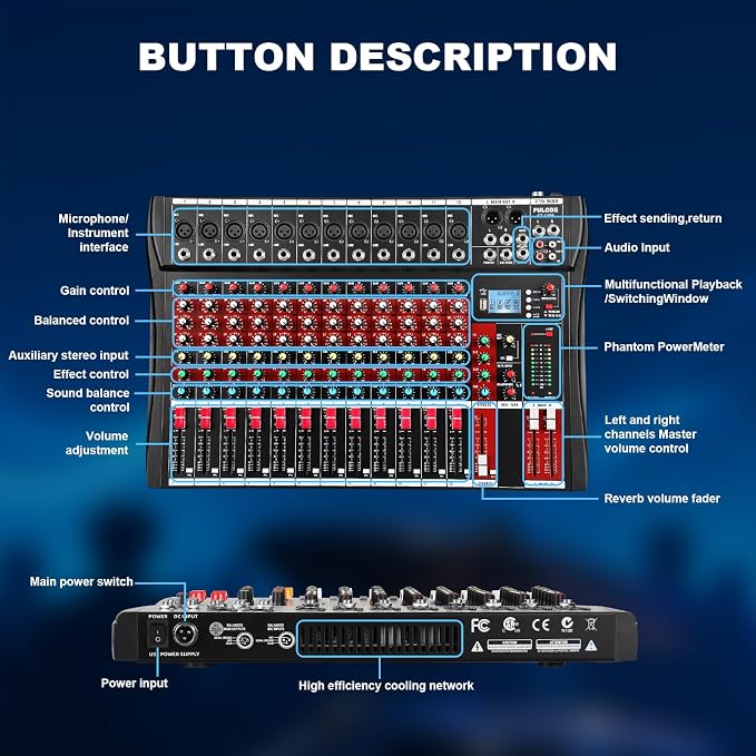 12 Channel Audio Mixer, Professional Music Mixer Board DJ Mixing Console - Image 8