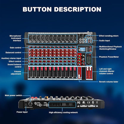 12 Channel Audio Mixer, Professional Music Mixer Board DJ Mixing Console - Image 8