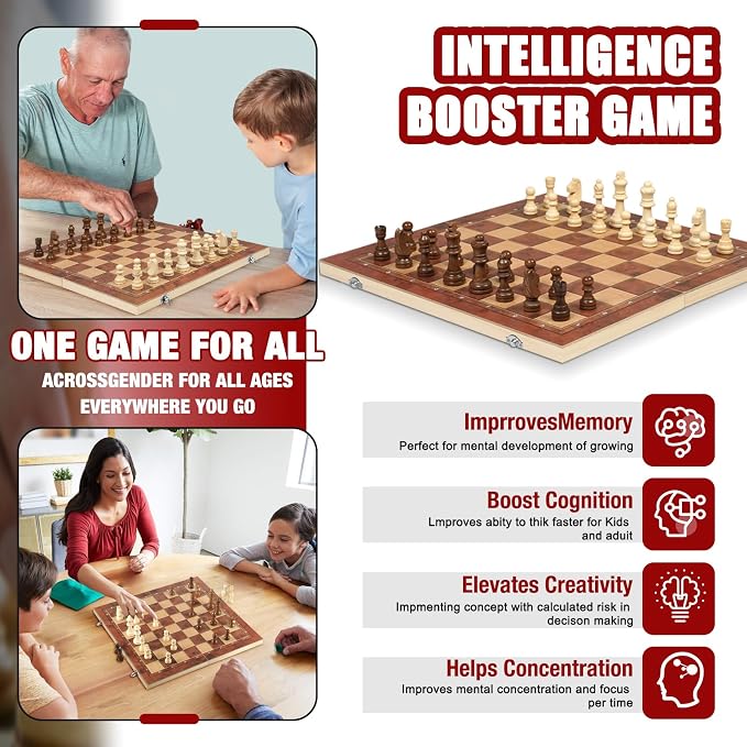 Chess Checkers Backgammon 3-in-1 Board Games Sets, Wooden Chess Set - Image 3
