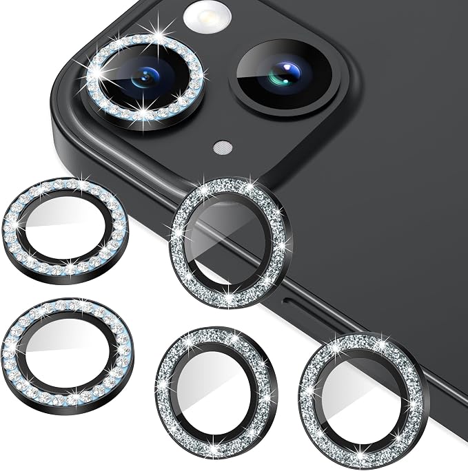 AGVEE 3+3 6 Pack for iPhone 15/15 Plus, Bling Diamond & Glitter Metal Ring 9H by AGVEE