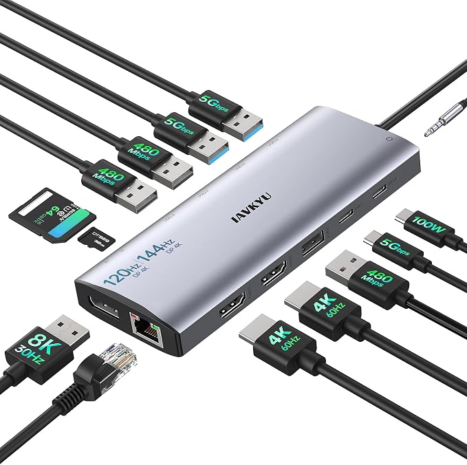 Triple Monitor Docking Station, 14-in-1 USB C Hub by iavkyu