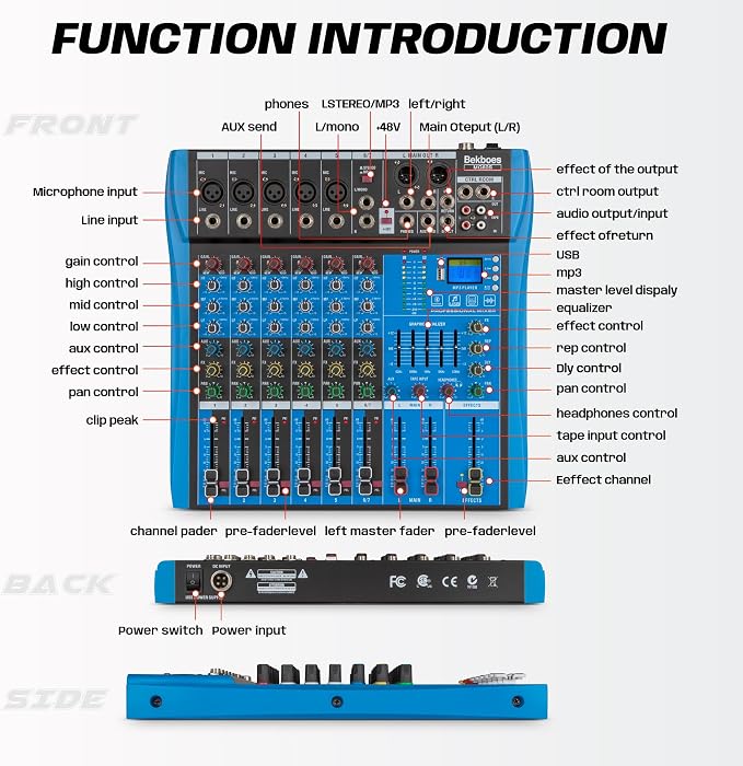 Professional Audio Mixer, 6 Channel, Input 48V Phantom Power Stereo Digital USB - Image 7