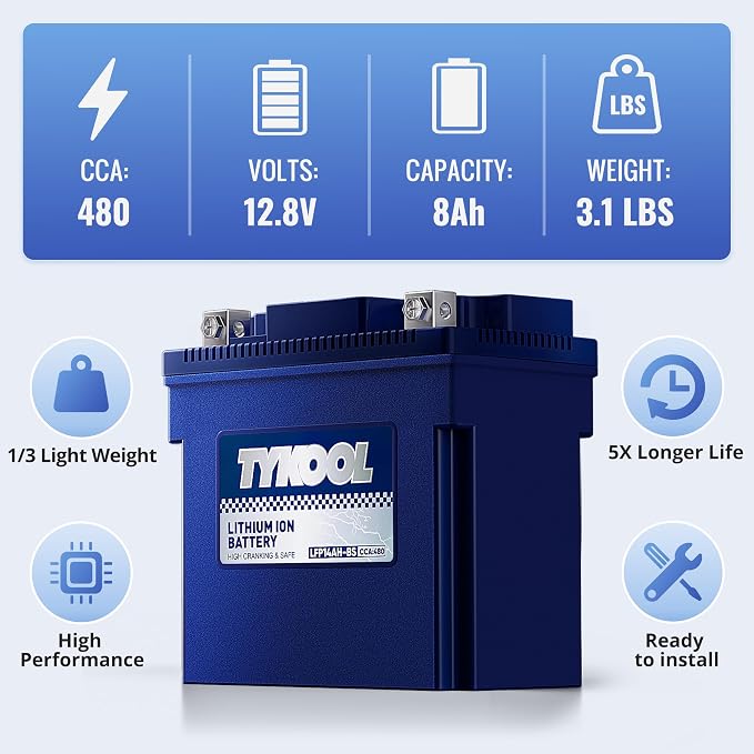 TYKOOL YTX14AH-BS High Performance LiFePO4 Lithium ATV Battery, 12V 8Ah - Image 5
