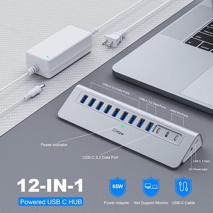 Powered USB Hub 10Gbps, intpw 12 Port USB C Hub - Image 2