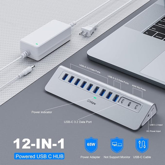 Powered USB Hub 10Gbps, intpw 12 Port USB C Hub - Image 2