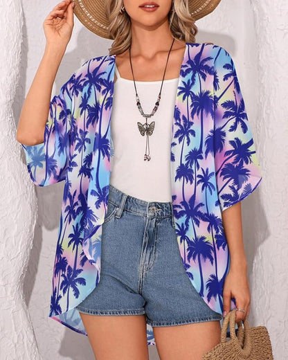 Women's Floral Print Puff Sleeve Kimono Cardigan Loose Cover Up Casual Blouse - Image 4