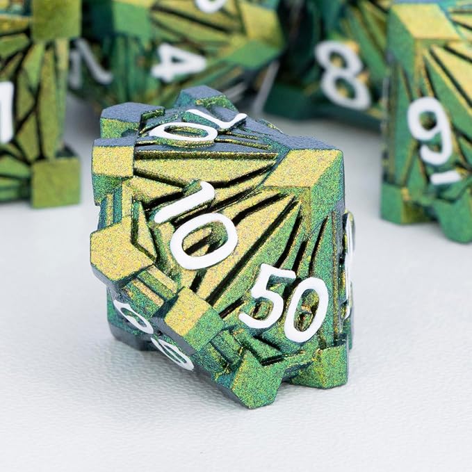 7PCS Metal DND Dice Set with Box, Debris RPG Green Yellow D and D Dice - Image 4