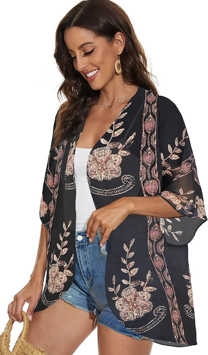 Women's Floral Print Puff Sleeve Kimono Cardigan Loose Cover Up Casual Blouse - Image 4