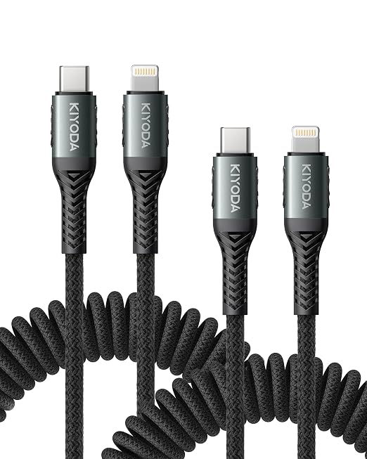 Coiled USB C iPhone Charger 3FT 2Pack, Braided Type C to Lightning Cable by KIYODA