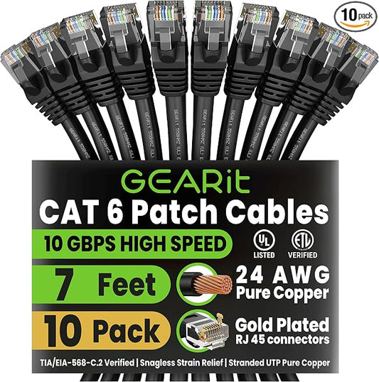 GEARit Cat 6 Ethernet Patch Cable 7 ft Black Cat6 Patch Cables 7ft by GEARit