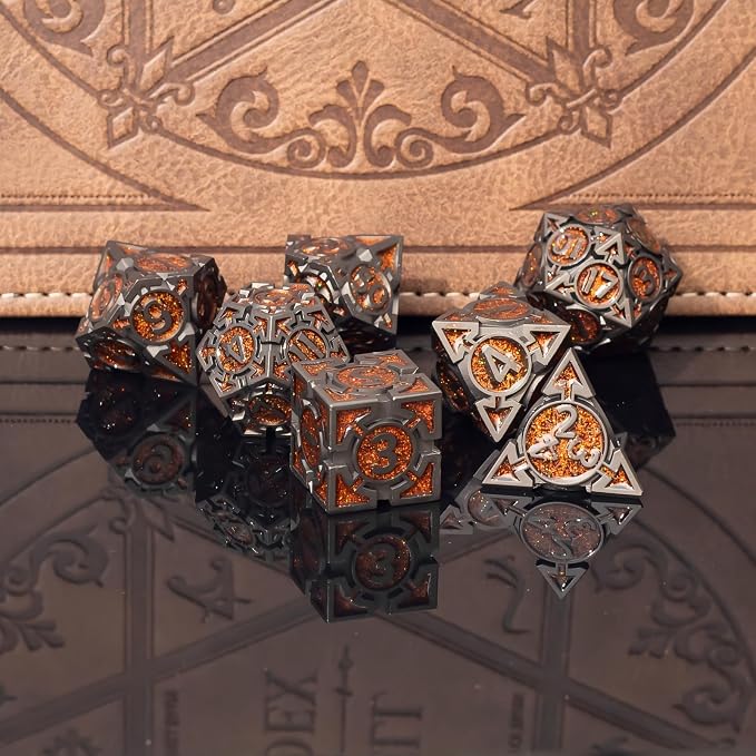 Orange Black Nickel Finish Heavy Metal DND Dice Set - Image 2
