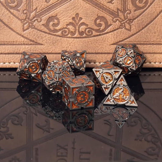 Orange Black Nickel Finish Heavy Metal DND Dice Set - Image 2