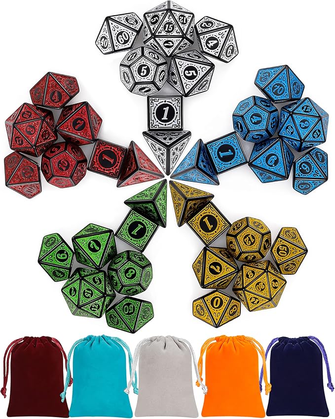 CiaraQ Polyhedral Dice with 5 Pouches, 5 Sets of Retro Dice by CiaraQ