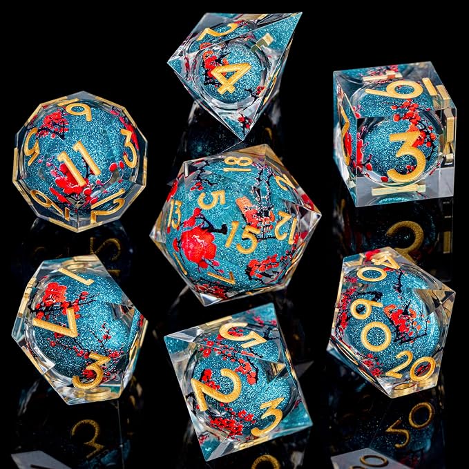 ARUOHHA DND Resin Dice Plum Blossom Liquid Core Dice Golden Blue Sharp Edged - Image 2