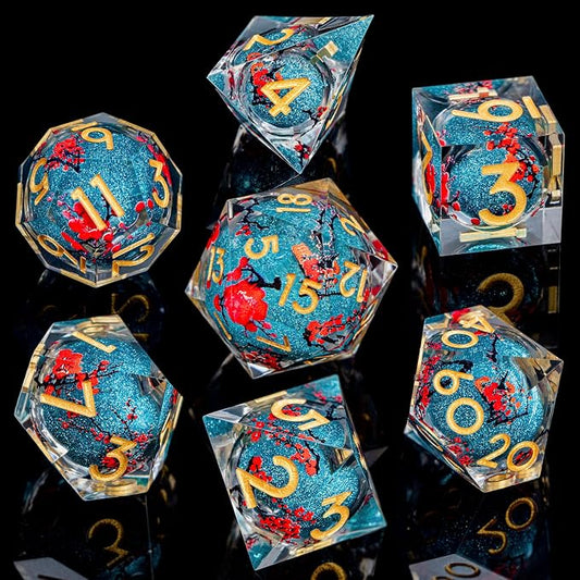 ARUOHHA DND Resin Dice Plum Blossom Liquid Core Dice Golden Blue Sharp Edged - Image 2