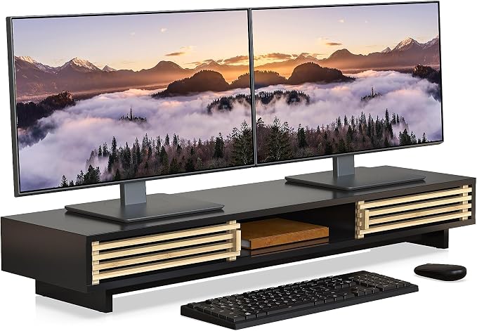 Dual Monitor Stand Riser with Sliding Door, Double Computer Laptop Stand Desk by WELLWENG