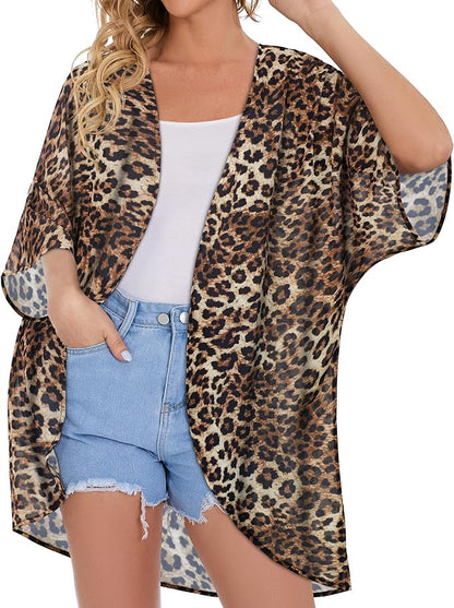 Women's Floral Print Puff Sleeve Kimono Cardigan Loose Cover Up Casual Blouse - Image 3