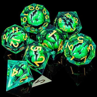 ARUOHHA DND Resin Dice Dragon Eye Dice Liquid Core Green Sharp Edged Dice Set - Image 6
