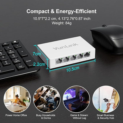 5 Port Gigabit Ethernet Switch – VunLink Unmanaged Network Switch Hub, Desktop - Image 6