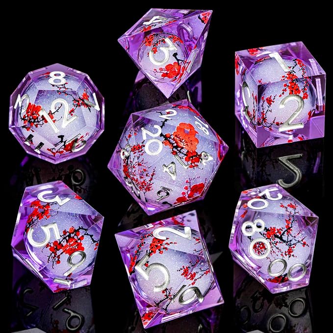 ARUOHHA DND Resin Dice Plum Blossom Liquid Core Silver Purple Sharp Edged - Image 2